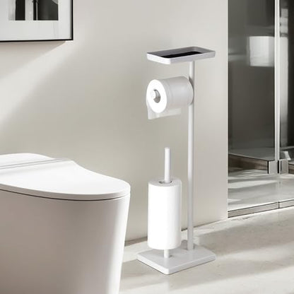 Clasin Home White Toilet Paper Holder Stand with Metal Top Shelf, Free Standing Bathroom Tissue Roll Holder with Weighted Base and Storage for 4 Rolls - color: White