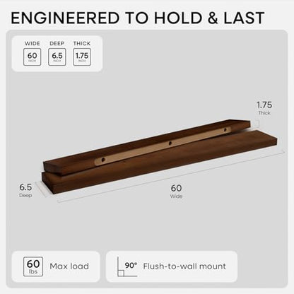 Walnut 60 inch Floating Shelf, High End Solid Real Wood 60inch Long Floating Shelf for Wall, Dark Brown Wooden 60in Large Floating Shelves, Heavy Duty Bracket, 60 X 6.5 X 1.75 inch, Set of 2 - color: American Walnut - Satin Dark Tone, size: 60 inch