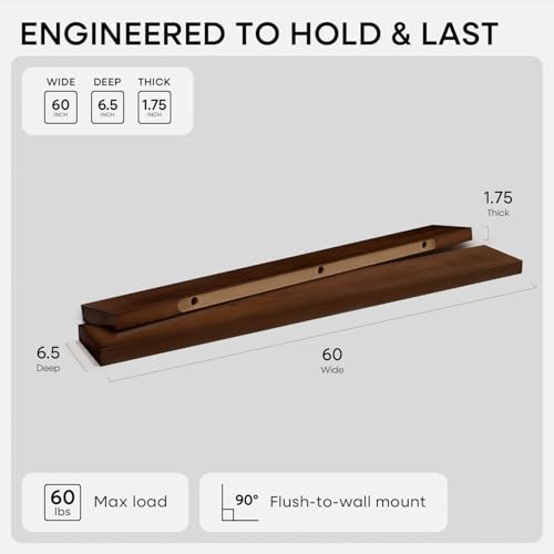 Walnut 60 inch Floating Shelf, High End Solid Real Wood 60inch Long Floating Shelf for Wall, Dark Brown Wooden 60in Large Floating Shelves, Heavy Duty Bracket, 60 X 6.5 X 1.75 inch, Set of 2 - color: American Walnut - Satin Dark Tone, size: 60 inch