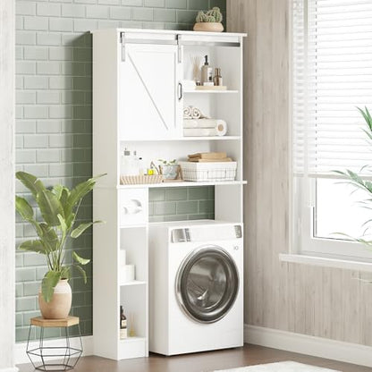 Takywep Over The Toilet Storage Cabinet with 2 Doors, Adjustable Shelf, Toilet Paper Holder and Hooks, Space-Saving Bathroom Organizer for Restroom, Laundry, White