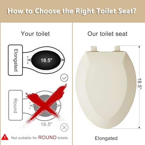 Angol Shiold Elongated Toilet Seat - Slow Close Hinges, Ergonomic Design with Grip-Tight Bumpers, Safe Easy-Clean PP Material (Almond, 18.5" Elongated) - color: Almond, size: Elongated 18.5‘’