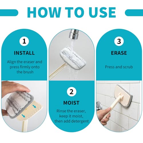 Tub Brush Scrubber with Long Handle, Durable Tub Scrubber with 4 Versatile Cleaning Heads, No-Scratch, Powerful Deep-Clean Tile Scrubbers, for Shower Bathroom Kitchen Bathtub Toilet