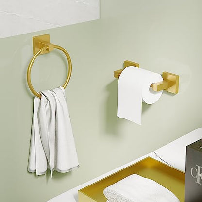 RUACQ Brushed Gold Toilet Paper Holder & Towel Ring, Bathroom Accessories | 2-Piece Bathroom Hardware Set, Pivoting Tissue Roll Holder, Hand Towel Ring, Square Base, 304 Stainless Steel, Wall Mounted - color: Brushed Gold, size: 2pcs
