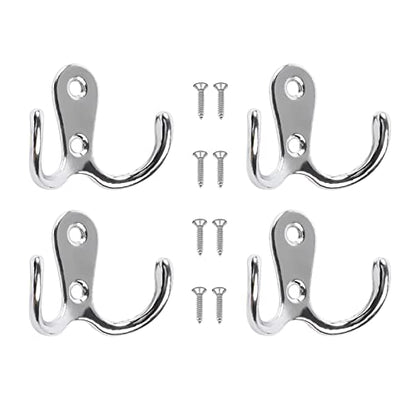 4 Pcs Double Prong Robe Hooks, Dual Coat Hooks Wall Mounted Hanging Clothes for Bathroom Bedroom Door Wall Retro Metal Cloth Hanger Double Coat Hooks with 8 Screws (Sliver) - color: Silver