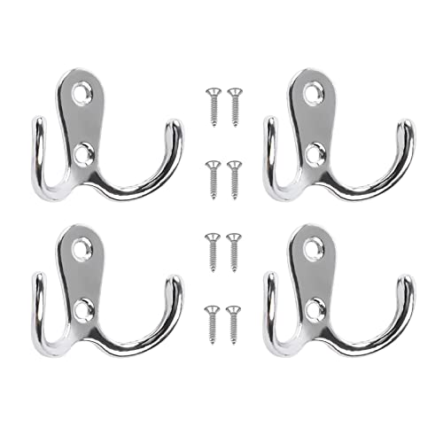 4 Pcs Double Prong Robe Hooks, Dual Coat Hooks Wall Mounted Hanging Clothes for Bathroom Bedroom Door Wall Retro Metal Cloth Hanger Double Coat Hooks with 8 Screws (Sliver) - color: Silver