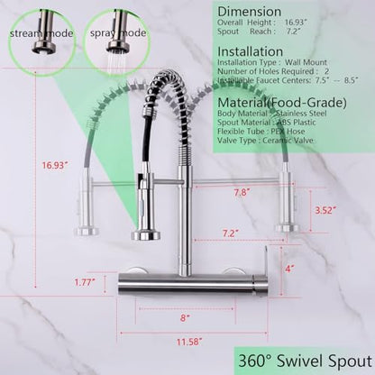 Wall Mount Faucet 8"" Center, High Arc Kitchen Sink Tap, Grifos De Cocina | 304 Stainless Steel Constructed, Pull Down Sprayer, Brushed Nickel, Rotatable, 3-Function Sprayer - color: Style B, Right Handle