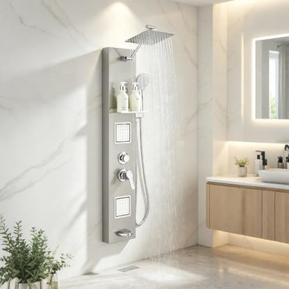 Brushed Surface Shower Panel Contemporary Wall Mount Shower Tower with Adjustable Rainfall Shower Head Large Body Jets Stainless Steel Shower System with Shelf
