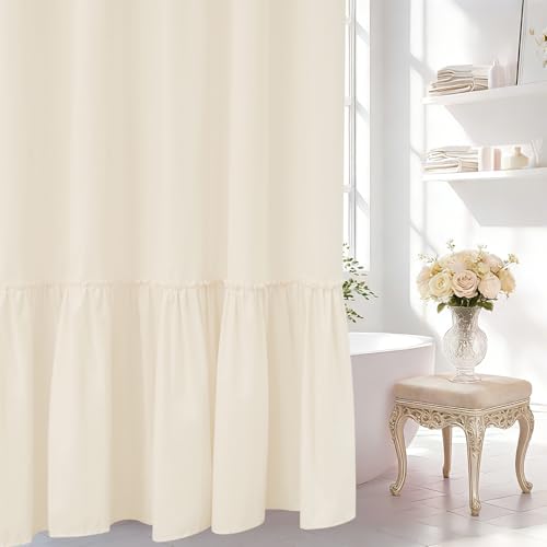 Seenus Cream Ruffle Shower Curtain Fabric with Waterproof TPU Backed, 72 x 78 Inch Extra Long French Country Ruched Shower Curtain No Liner Needed, Soft Microfiber Ivory Bath Curtain Washable - color: Ruffled - Cream, size: 72"W x 78"L (Pack of 1)