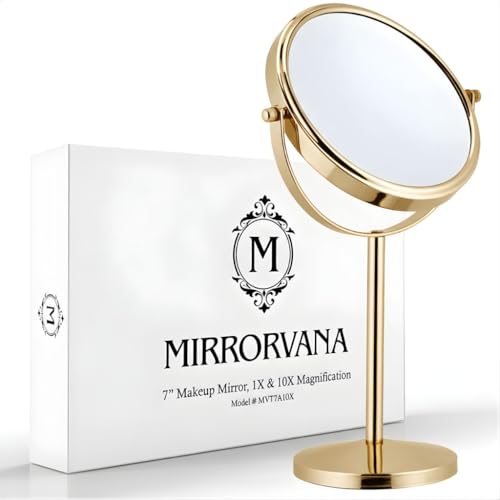MIRRORVANA 10X Magnifying Makeup Mirror on Round Stand for Tabletop, Bedroom Vanity Desk and Bathroom Counter - Free Standing Double Sided 10X/1X Magnification Mirror - 7" Wide and 14" Tall (Gold) - color: Gold