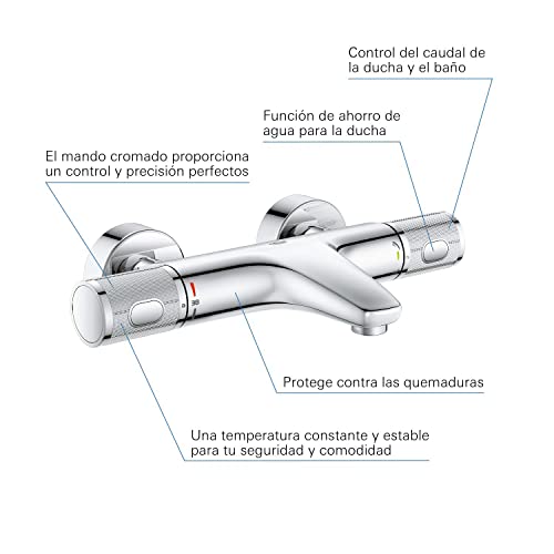 GROHE Precision Feel | Exposed Thermostatic Bath Mixer Valve | Cool Touch | Wall Mounted | Safety Button at 38°C | Knurl Grip | Diverter: Bath/Shower | Less Water & Perfect Flow | Chrome | 34788000
