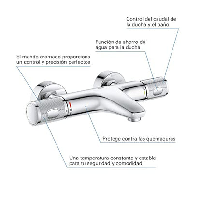 GROHE Precision Feel | Exposed Thermostatic Bath Mixer Valve | Cool Touch | Wall Mounted | Safety Button at 38°C | Knurl Grip | Diverter: Bath/Shower | Less Water & Perfect Flow | Chrome | 34788000
