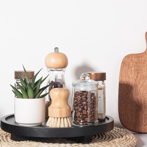Round Decorative Tray Wood Bathroom Counter Organizer Farmhouse Kitchen Decor Wooden Riser for Soap Dish, Perfume, Candle, Sponge, 10" - Black | Waterproof, Lightweight, Easy Clean, Wood Riser Pedestal Stand Accessories for Office Desk, Vanity, Counter, S
