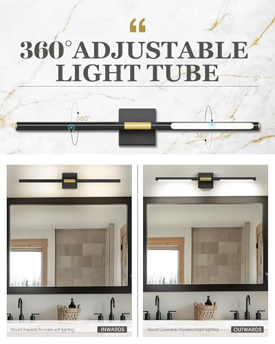 30 Inch Bathroom Light Fixtures, 16W 3CCT Dimmable Black and Gold LED Vanity Lighting Fixtures Over Mirror, 360?Rotatable Modern Bathroom Vanity Light Bar, AD-W9465-L75-BK