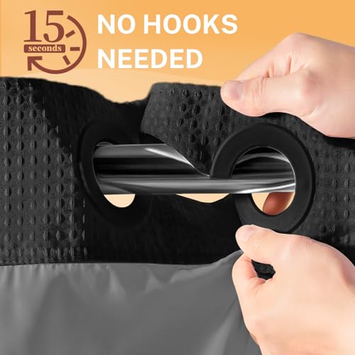 River Dream No Hooks Shower Curtain with 2 Snap in Liner, Black, 71Wx74H | Waffle Weave, 1 Attached Snap in Liner and 1 Extra Replacement Liner, Bathroom Curtains Shower Set, Hotel Grade, Spa Like - color: Black