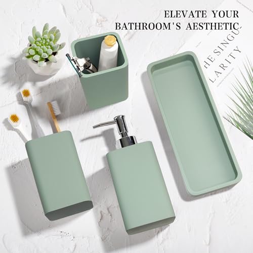 Bathroom Accessories Set, 4 Piece Toothbrush Holder Set - Green | Bathroom Accessory Set with Soap Dispenser, Toothbrush Holder, Tumbler, Vanity Tray, Bathroom Sink Set for Modern Home Decor - style: Green