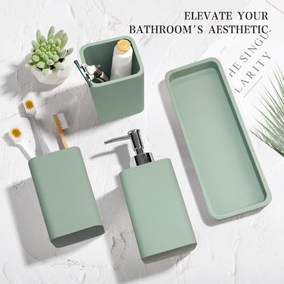 Bathroom Accessories Set, 4 Piece Toothbrush Holder Set - Green | Bathroom Accessory Set with Soap Dispenser, Toothbrush Holder, Tumbler, Vanity Tray, Bathroom Sink Set for Modern Home Decor - style: Green