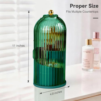 Makeup Brush Holder 360° Rotating Countertop Organizer with Lid (Green) | Transparent Sealed Lid, Waterproof, 3 Compartments, 180° Side Pull Door, for Vanity Makeup Brushes & Bathroom Toothbrushes - color: Green