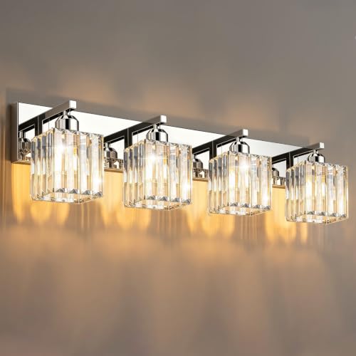 Brushed Chrome Crystal Bathroom Vanity Light, 4-Light Modern Bathroom Lighting Fixtures Over Mirror,Chrome Wall Sconce Light Fixtures with Square Shade - color: Chrome-Square Shade, size: 4-LIGHT