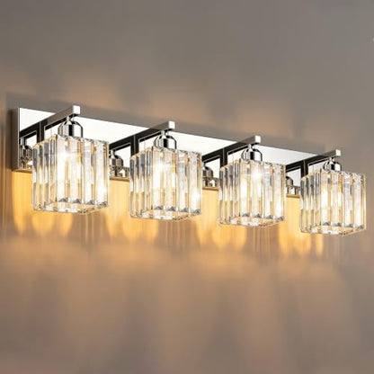 Brushed Chrome Crystal Bathroom Vanity Light, 4-Light Modern Bathroom Lighting Fixtures Over Mirror,Chrome Wall Sconce Light Fixtures with Square Shade - color: Chrome-Square Shade, size: 4-LIGHT