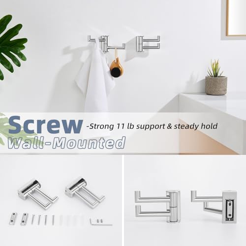 Aomasi Polished Chrome Swivel Towel Hooks 2 Pack, 304 Stainless Steel Wall Mounted Foldable Double Coat Hooks, Max 11lbs Heavy Duty Bathroom Hand Towel Holders - color: Polished Chrome, size: 2 Pack