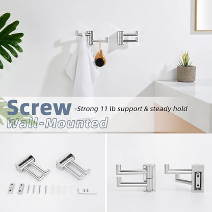Aomasi Polished Chrome Swivel Towel Hooks 2 Pack, 304 Stainless Steel Wall Mounted Foldable Double Coat Hooks, Max 11lbs Heavy Duty Bathroom Hand Towel Holders - color: Polished Chrome, size: 2 Pack