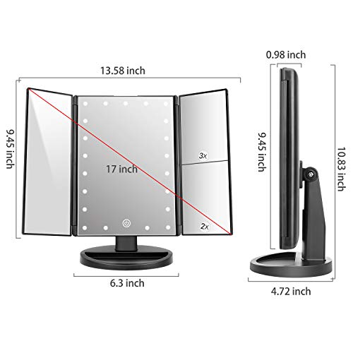 Tabletop Mount Trifold Lighted Vanity Mirror with 21 LED Lights, Touch Screen and 3X/2X/1X Magnification, Two Power Supply Mode Make up Mirror,Travel Mirror - color: Black