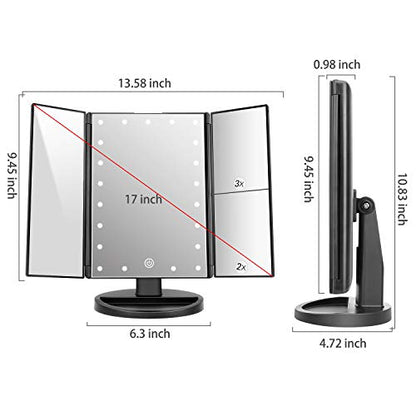 Tabletop Mount Trifold Lighted Vanity Mirror with 21 LED Lights, Touch Screen and 3X/2X/1X Magnification, Two Power Supply Mode Make up Mirror,Travel Mirror - color: Black