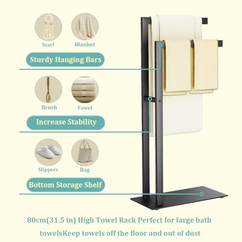 Yawinhe Free Standing Towel Rack,2 Tier Blanket Holder with Shelf,Black | Towel Drying Rack with Marble Base;Tall Towel Drying Rack Outdoor; Metal Towel Stand for Bathrooms;Hand Holder for Bathroom - color: Black