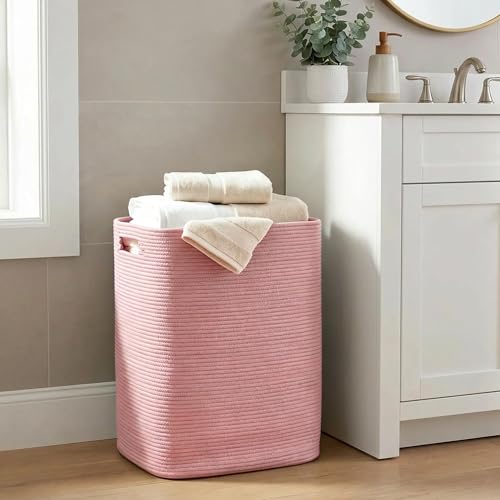 Large Laundry Hamper 16"x13"x22" - Tall Woven Laundry Basket, Cotton Rope Dirty Clothes Hamper, Baby Kids Nursery Wicker Laundry Basket, Bedroom Aesthetic, Soft Laundry Bin, Pink Hamper, 75L - color: Pink