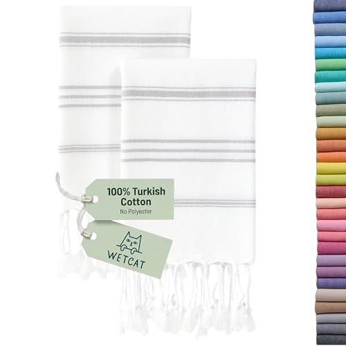 WETCAT Turkish Hand Towels with Hanging Loop, Set of 2 (20" x 30") 100% Turkish Cotton, Pre-Washed, Quick Drying, for Kitchen or Bathroom - Grey & White - color: Grey & White
