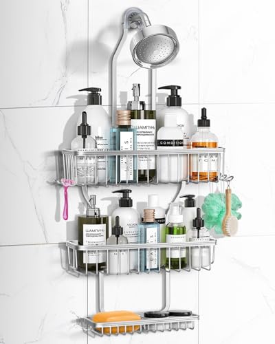 Shower Caddy Hanging - Never Rust Shower Hanging Organizer - Aluminum Over the ShowerHead Caddy with 6 Hooks for Razor/Sponge (Silver) - color: Silver
