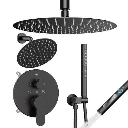 Shower Systems Shower Faucet Sets STARBATH 3 Way 12+6" Round Dual Rainfall Shower Head with Handheld Spray Combo, Ceiling Mounted Rain Shower Valve with 5 Diverter and Trim Kit Complete, Matte Black - color: Matte Black, size: 6+12 inch-04