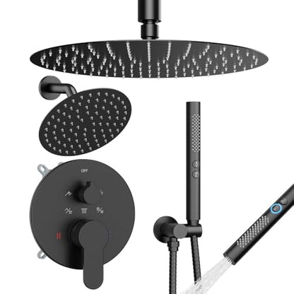 Shower Systems Shower Faucet Sets STARBATH 3 Way 12+6" Round Dual Rainfall Shower Head with Handheld Spray Combo, Ceiling Mounted Rain Shower Valve with 5 Diverter and Trim Kit Complete, Matte Black - color: Matte Black, size: 6+12 inch-04