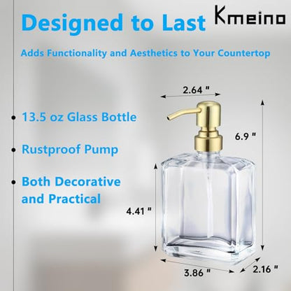 Clear Glass Soap Dispenser Rectangular, Brushed Gold Pump, 13.5 oz | Rust Proof Stainless Steel Pump, Refillable, Hand Soap, Liquild Soap, Dish Soap - color: Gold, size: 13.5oz-Square