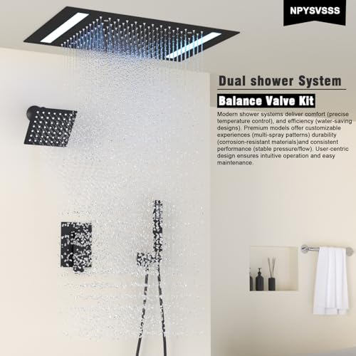 Rain Shower Head System with 14x20 Inch Ceiling Mount LED Head & 6 Inch Wall Head and Handheld Shower 3 Way Pressure Balance Valve Kit, Matte Black - color: Matte Black, style: 14x20 inch+6inch