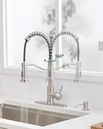 AIMADI Kitchen Faucet with Pull Down Sprayer and Soap Dispenser | Spring High Arc Design,Stainless Steel Sink Faucet,Single Handle,1 or 3 Hole with Deck Plate,Bar,RV,Laundry,Outdoor - color: Brushed Nickel
