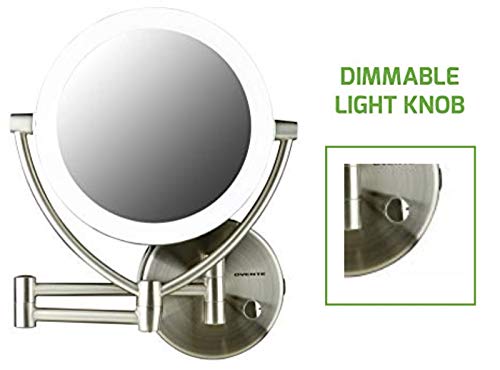 Ovente 9.5" Lighted Wall Mount Makeup Mirror, 1X & 10X Magnifier, Spinning Double Sided Round LED Dimmer Switch, Extend, Retractable & Folding Arm, Battery USB Powered Nickel Brushed MLW45BR1X10X - color: Nickel Brushed, size: 13.4"L x 3.4"W, style: 10X M