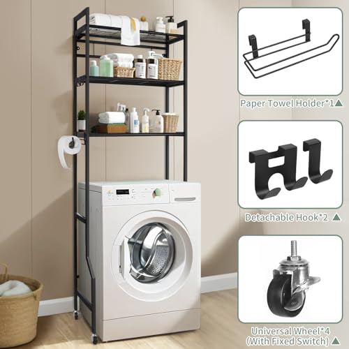 IIQ 3-Tier Metal Bathroom Organizer Shelf, Over The Toilet Storage,Freestanding Above Toilet Rack with Universal Wheels Toilet Paper 2 Holder Hooks,Simple Morden
