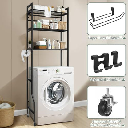 IIQ 3-Tier Metal Bathroom Organizer Shelf, Over The Toilet Storage,Freestanding Above Toilet Rack with Universal Wheels Toilet Paper 2 Holder Hooks,Simple Morden