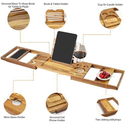 Expandable Wooden Tray Bathtub Tray, Bathroom Tray with Reading Rack & Wine Cup Slot.
