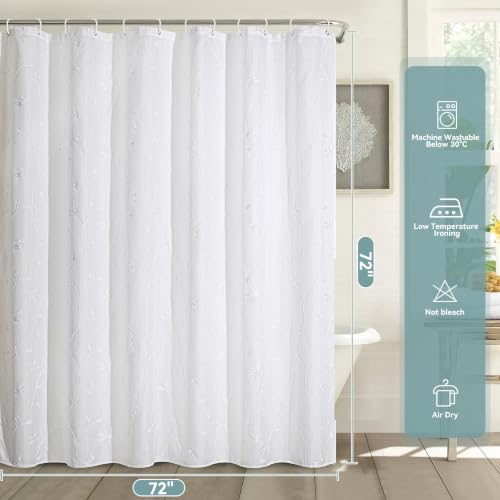 Embroidered Leaf Farmhouse Shower Curtain,Faux Linen,72Wx72L,White | Boho Modern Shower Curtain Set, Washable & Waterproof Fabric, Floral Shower Curtains for Bathroom with Hooks - color: White