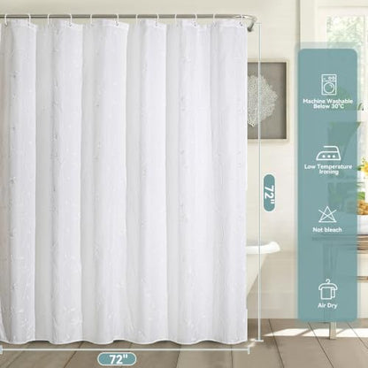 Embroidered Leaf Farmhouse Shower Curtain,Faux Linen,72Wx72L,White | Boho Modern Shower Curtain Set, Washable & Waterproof Fabric, Floral Shower Curtains for Bathroom with Hooks - color: White
