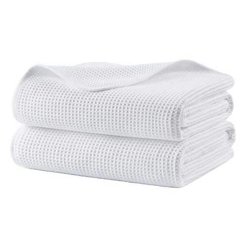 POLYTE 380 GSM Poly Blend Microfiber Quick Dry Waffle Bath Towel, 30x60 in | 2 Pack, Oversize, Lint Free, Body Towel - color: White