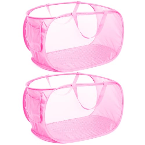 Durable Collapsible Laundry Baskets, Mesh Pop Up Laundry Hamper with Side Pocket, Foldable Clothes Hamper with Reinforced Carry Handles for Laundry, Bathroom, Kids Room, Dorm or Travel 2 Pack Pink - color: 2 x Pink