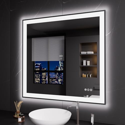 LOAAO 40"X38" LED Bathroom Mirror Black Framed | Anti-Fog, Dimmable, Memory Function, Tempered Glass, Lighted Vanity Mirror for Wall - size: 40"L x 38"W