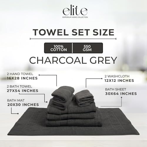 ELITE Emporium Home Collection 8-Piece Cotton Bath Towel Set - Ultra Soft, 550 GSM, Quick-Dry - Bath Sheet, Bath Towels, Hand Towels, Washcloths, Bath Mat - Luxury Bathroom Towel Set (Charcoal Grey) - color: Charcoal Grey