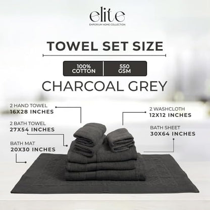 ELITE Emporium Home Collection 8-Piece Cotton Bath Towel Set - Ultra Soft, 550 GSM, Quick-Dry - Bath Sheet, Bath Towels, Hand Towels, Washcloths, Bath Mat - Luxury Bathroom Towel Set (Charcoal Grey) - color: Charcoal Grey
