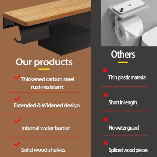 Double Toilet Paper Holder with Wide Solid Wood Shelf | 16" x 5.31" Double Roll Holder Fits Phone & Large Wipes Storage | Rust-Resistant for Rustic Farmhouse Bathrooms Organizer - color: Black