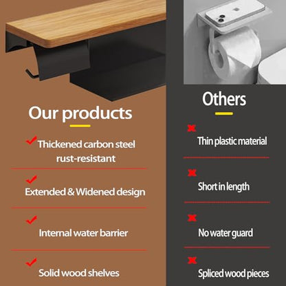 Double Toilet Paper Holder with Wide Solid Wood Shelf | 16" x 5.31" Double Roll Holder Fits Phone & Large Wipes Storage | Rust-Resistant for Rustic Farmhouse Bathrooms Organizer - color: Black