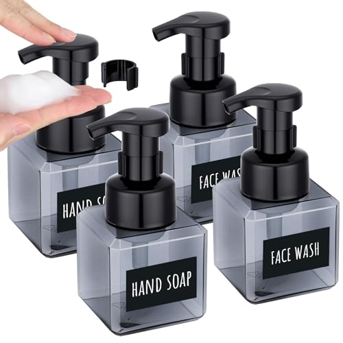 Segbeauty Foam Soap Dispenser for Kitchen Sink 8.5oz, 4pcs Sqaure Foam Pump Bottle Set Gray 250ml, Small Plastic Foaming Soap Dispenser Bathroom, Leakproof Empty Foaming Pump Bottles with Stickers - color: Gray, style: 4pcs 8.5oz